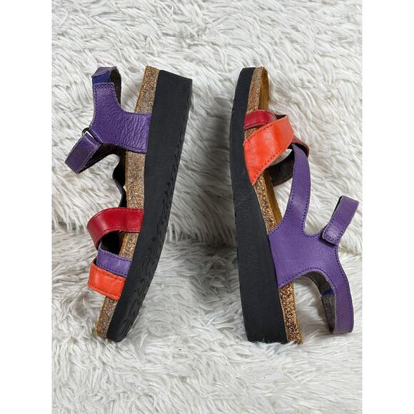 Naot Sandals Womens Size 8 EU 39 Purple Red Leather Wedge Cork Footbed Strappy - Picture 2 of 8